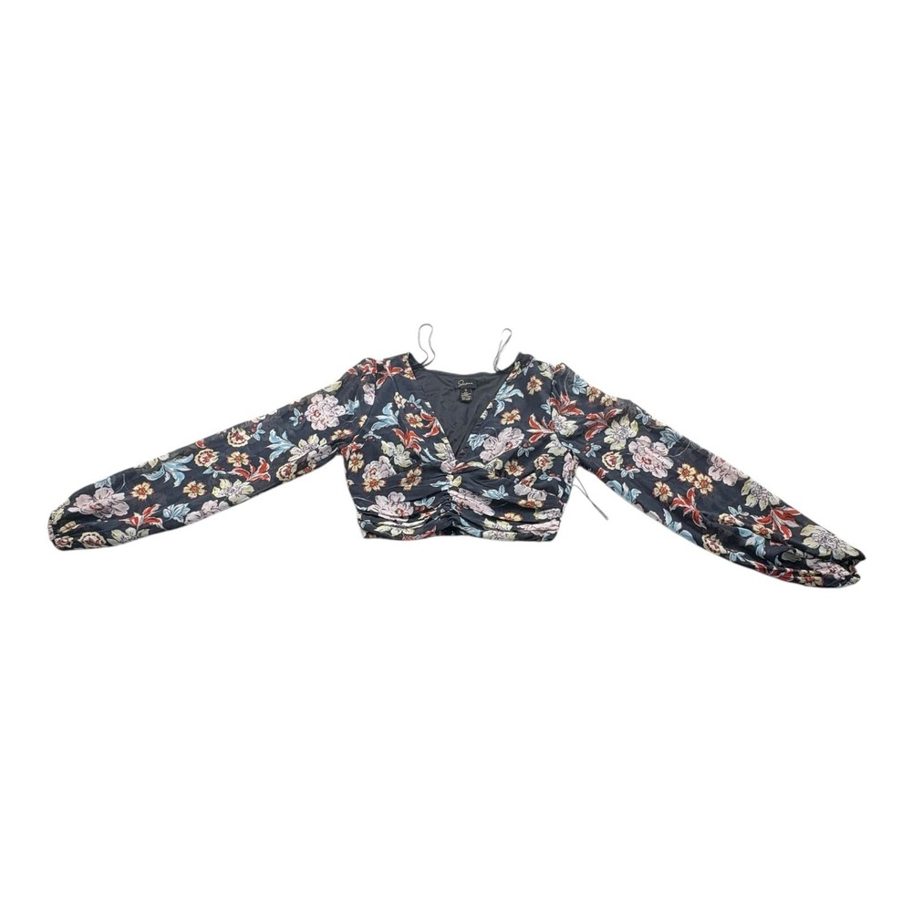 Japna Black Floral Ruched Crop Top Long Sleeve Size‎ S NWT